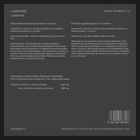 Étiquette arrière de L-Carnitine Aldous avec informations du complément