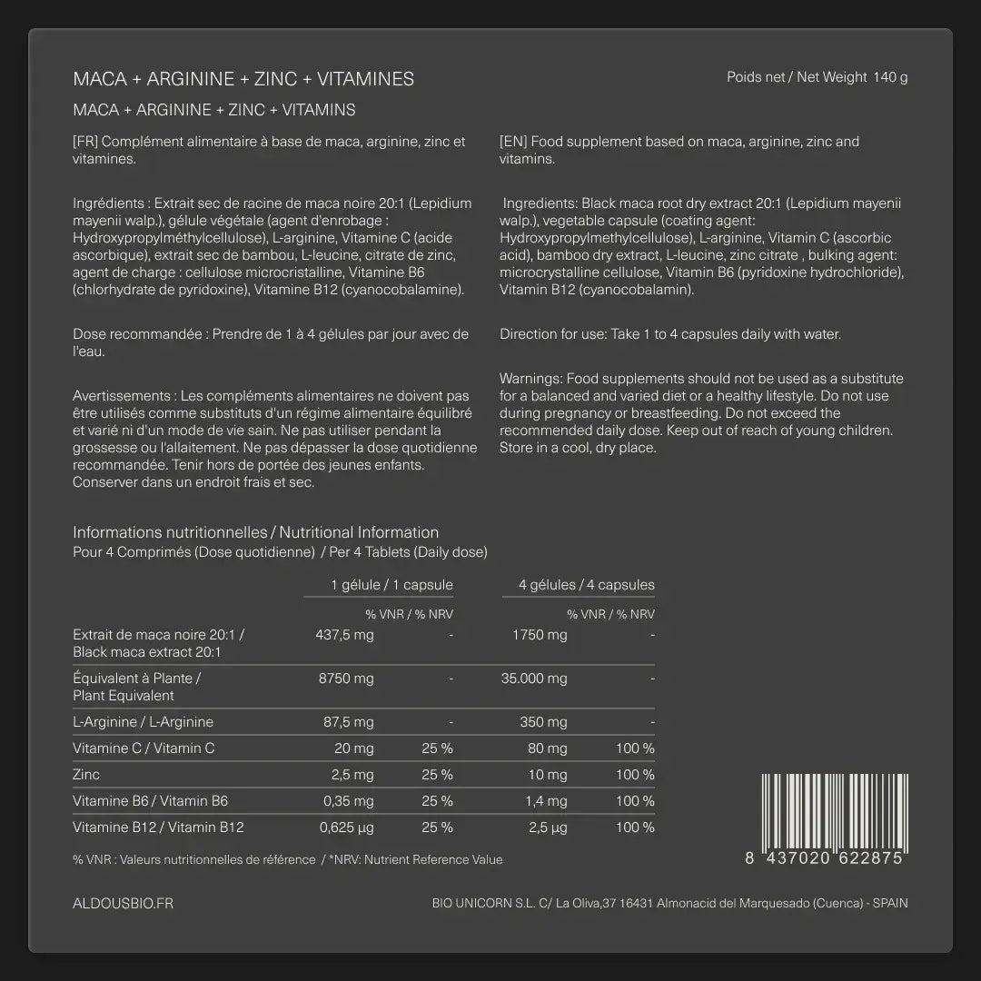 Étiquette arrière de Maca noire avec L-Arginine Aldous avec informations du complément