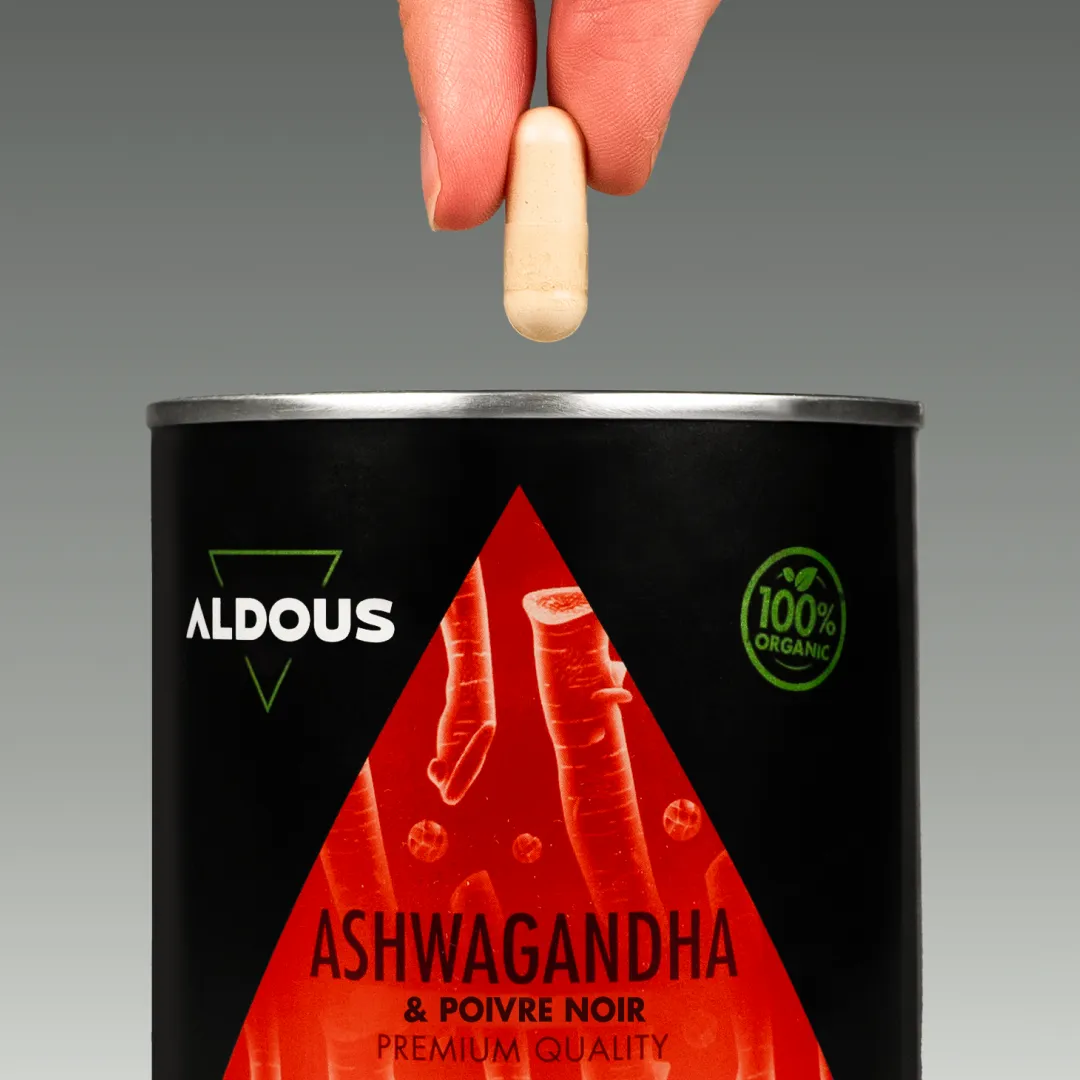 Prise de Ashwagandha avec poivre noir bio Aldous avec dose du complément