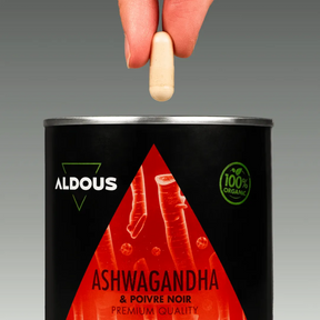 Prise de Ashwagandha avec poivre noir bio Aldous avec dose du complément