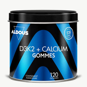 Boîte de D3K2 + Calcium en gummies Aldous en vue frontale