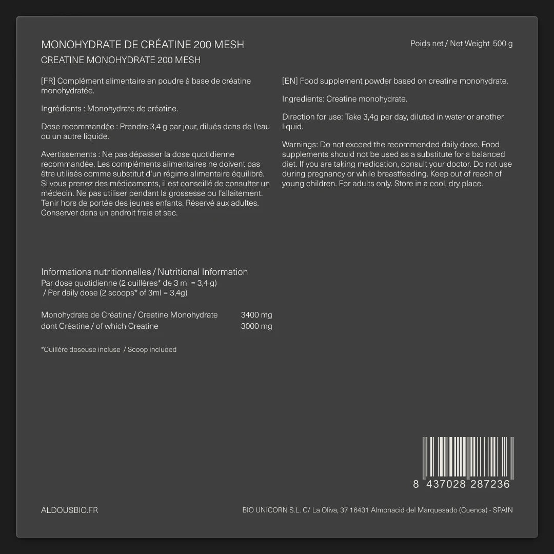 Créatine Monohydrate 200 Mesh en Poudre