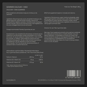 Étiquette arrière de D3K2 + Calcium en gummies Aldous avec informations du complément