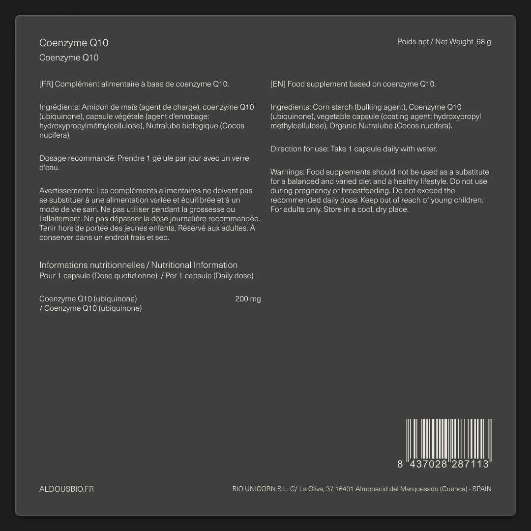 Étiquette arrière de Coenzyme Q10 Aldous avec informations du complément