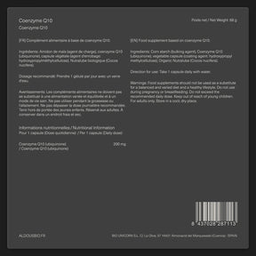 Étiquette arrière de Coenzyme Q10 Aldous avec informations du complément